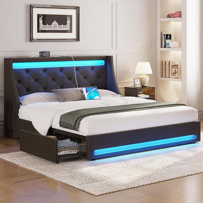 Full Bed Frame With Charging Station And LED Lights
